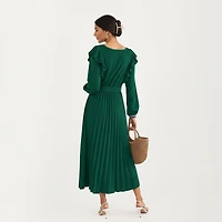 Anna-Kaci Women's Pleated Ruffle Shoulder Waist Tie Long Sleeve Dress