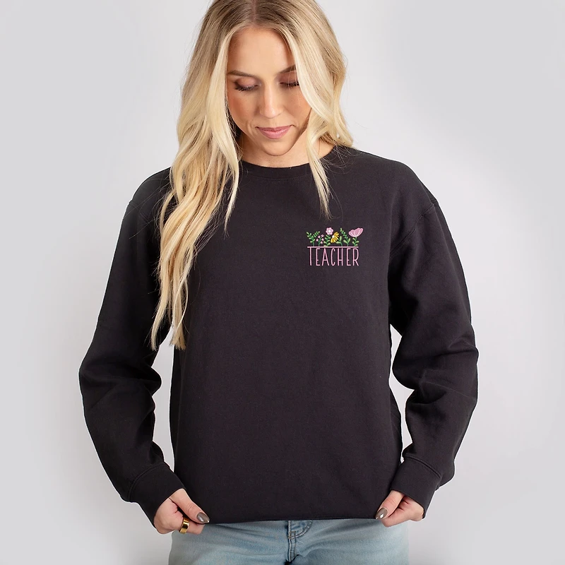 Simply Sage Market - Embroidered Teacher Flowers Women's Lightweight Garment Dyed Sweatshirt