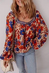 Threaded Pear Women's Adeline Floral Print Square Neck Backless Loose Fit Blouse