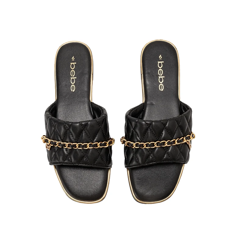 bebe Women's Quilted Slide Sandals with Chain Detail Slip On Flats
