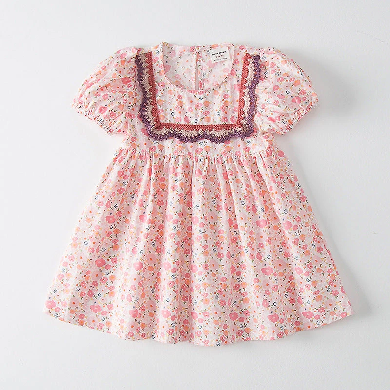 MyKids-USA Baby Girl Solid Color Embroidered Design Doll-Neck Dress