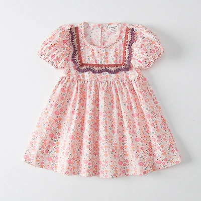 MyKids-USA Baby Girl Solid Color Embroidered Design Doll-Neck Dress