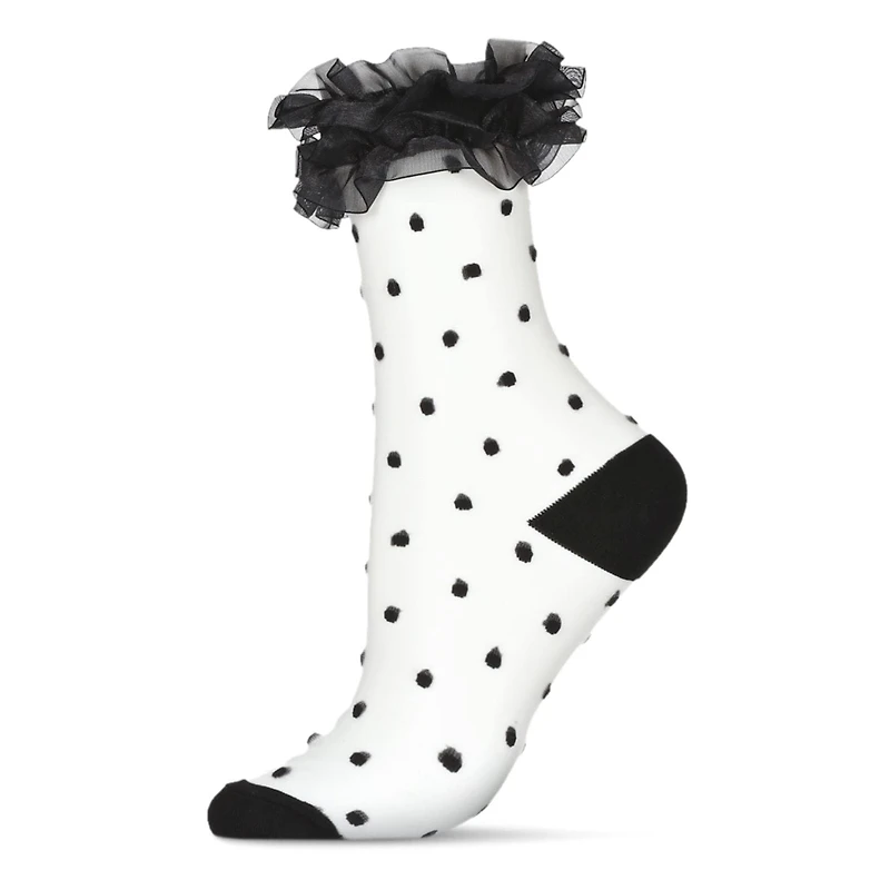 MeMoi Women's Polka Dot Ruffle Lace Cuff Sheer Crew Socks