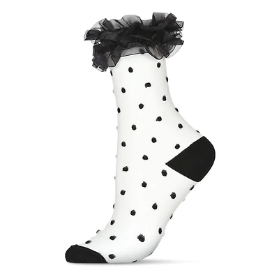 MeMoi Women's Polka Dot Ruffle Lace Cuff Sheer Crew Socks