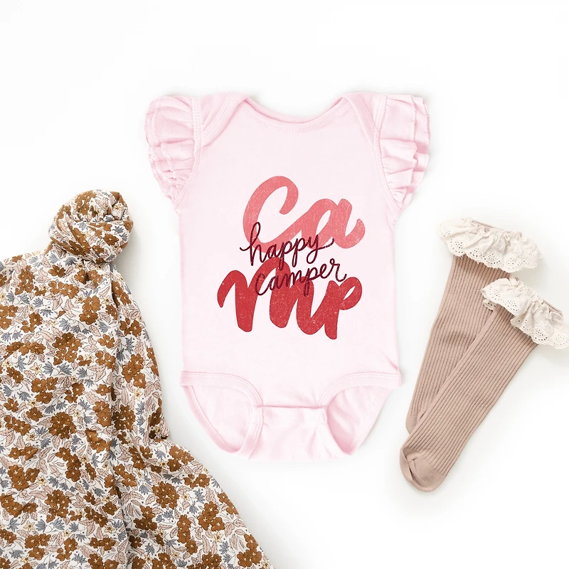 The Juniper Shop - Happy Camper Cursive Baby Girl's Flutter Sleeve Bodysuit