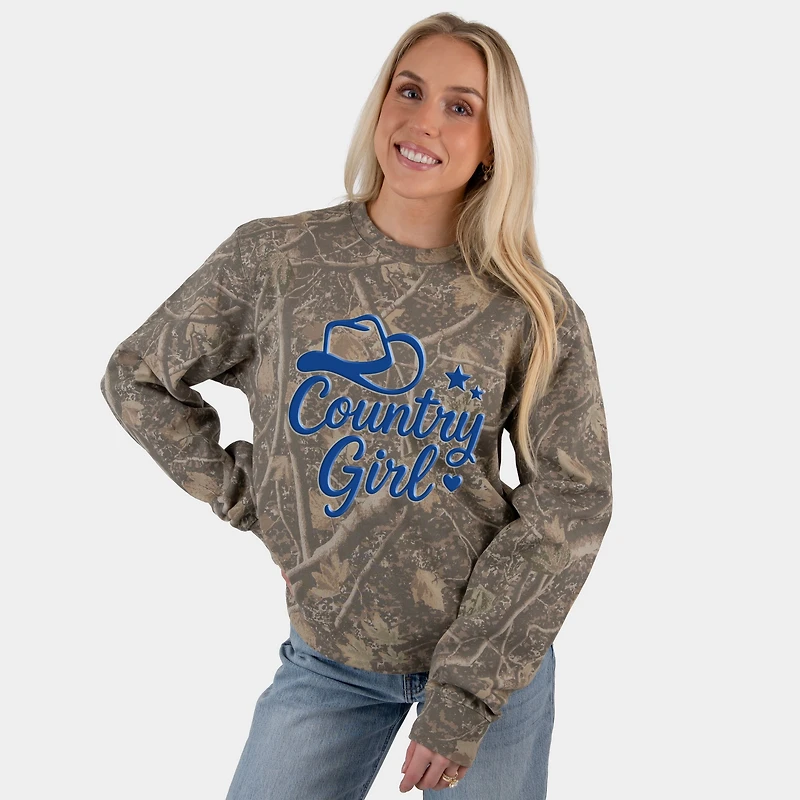 Simply Sage Market Women's Heavyweight Camo Sweatshirt - Country Girl Hat Puff Print