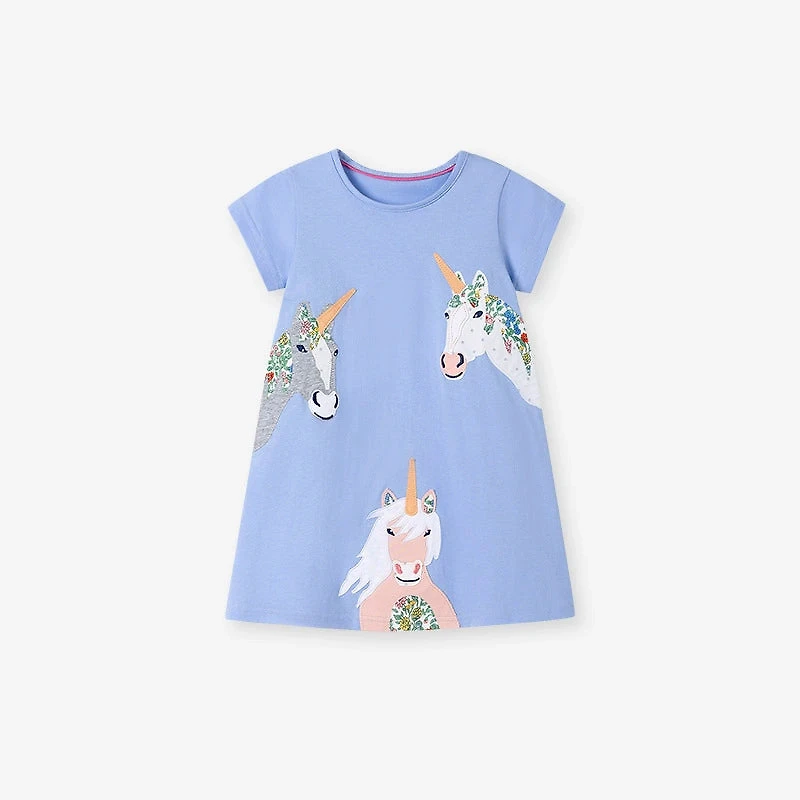 MyKids-USA Summer Arrival Unicorn Cartoon Pattern Short Sleeves Dress for Stylish Girls