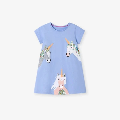 MyKids-USA Summer Arrival Unicorn Cartoon Pattern Short Sleeves Dress for Stylish Girls