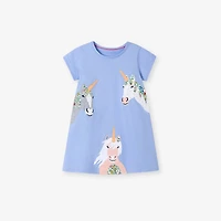 MyKids-USA Summer Arrival Unicorn Cartoon Pattern Short Sleeves Dress for Stylish Girls