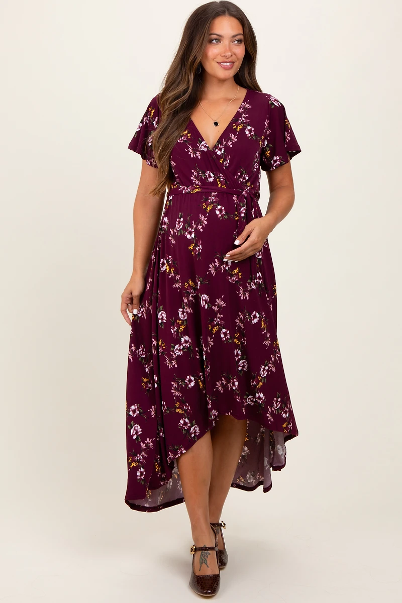 PinkBlush Womens Burgundy Floral Short Sleeve Wrap Hi-Low Maternity Maxi Dress