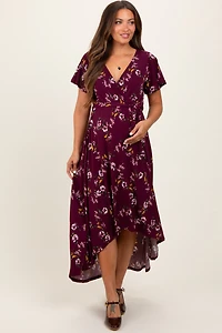 PinkBlush Womens Burgundy Floral Short Sleeve Wrap Hi-Low Maternity Maxi Dress