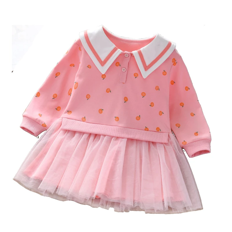 MyKids-USA Baby Girl Fruit Print Mesh Patchwork Notch Collar Long Sleeve Dress