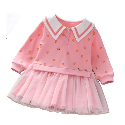 MyKids-USA Baby Girl Fruit Print Mesh Patchwork Notch Collar Long Sleeve Dress
