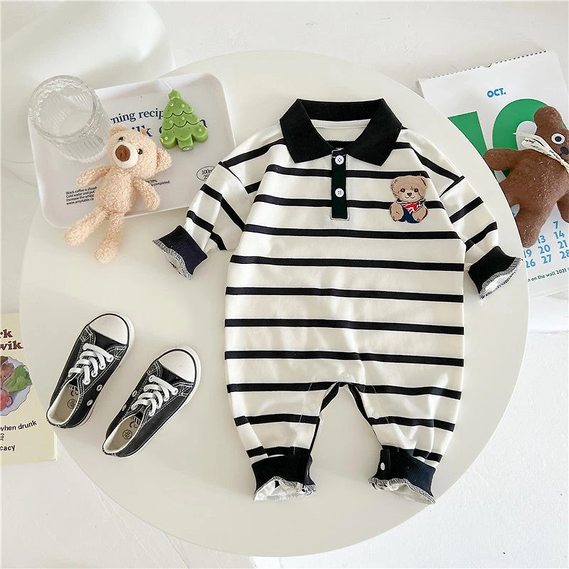 MyKids-USA Baby Cartoon Bear Print & Striped Pattern Polo Neck Long Sleeve Romper