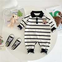 MyKids-USA Baby Cartoon Bear Print & Striped Pattern Polo Neck Long Sleeve Romper