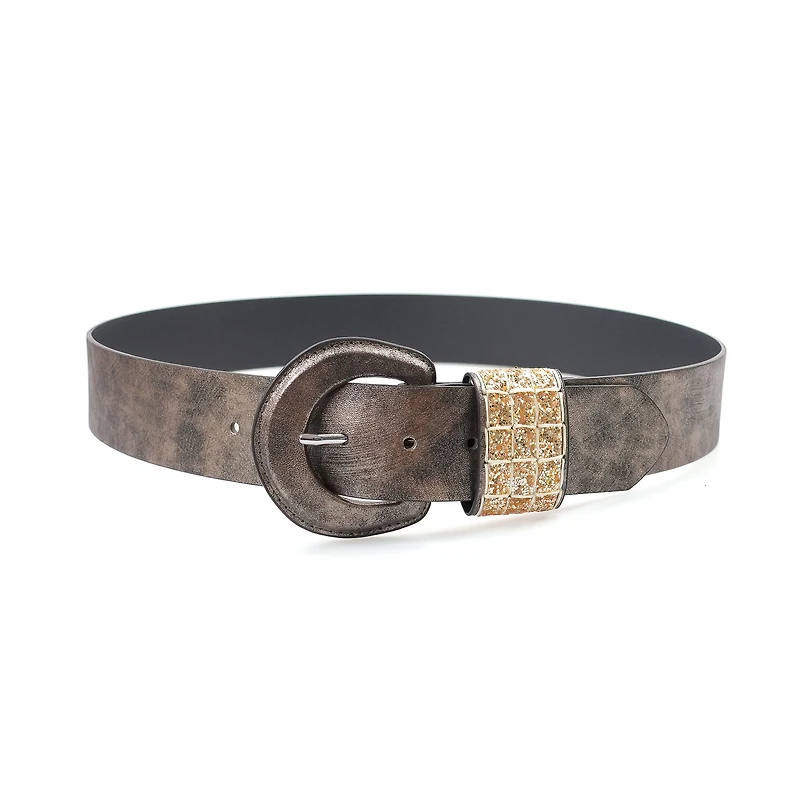 AGP PARIS Brown Glitter Round Buckle Women's Belt