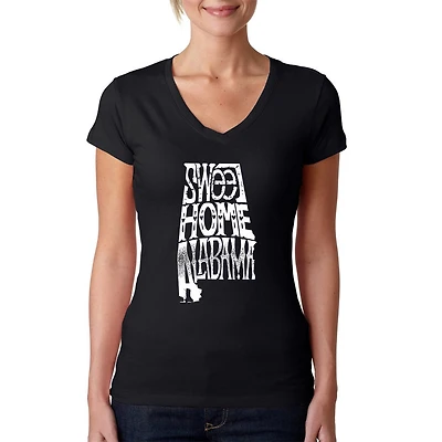 LA Pop Art Womens Word V-Neck T-Shirt - Sweet Home Alabama