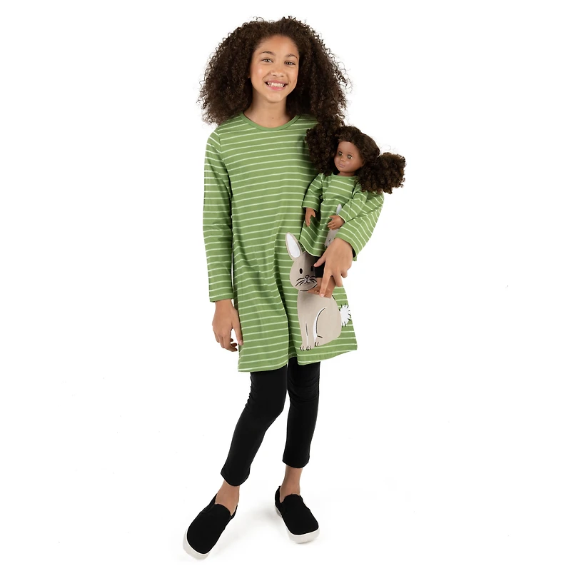 Girl & Matching Doll Set - Cotton Green White Striped Easter Bunny Dress