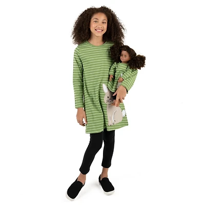 Girl & Matching Doll Set - Cotton Green White Striped Easter Bunny Dress