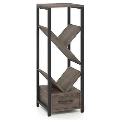 SUGIFT 4 Tier Floor Tree Bookshelf with Drawer and Metal Frame 36-in Tall 33-lb Per Shelf Capacity Gray & Black