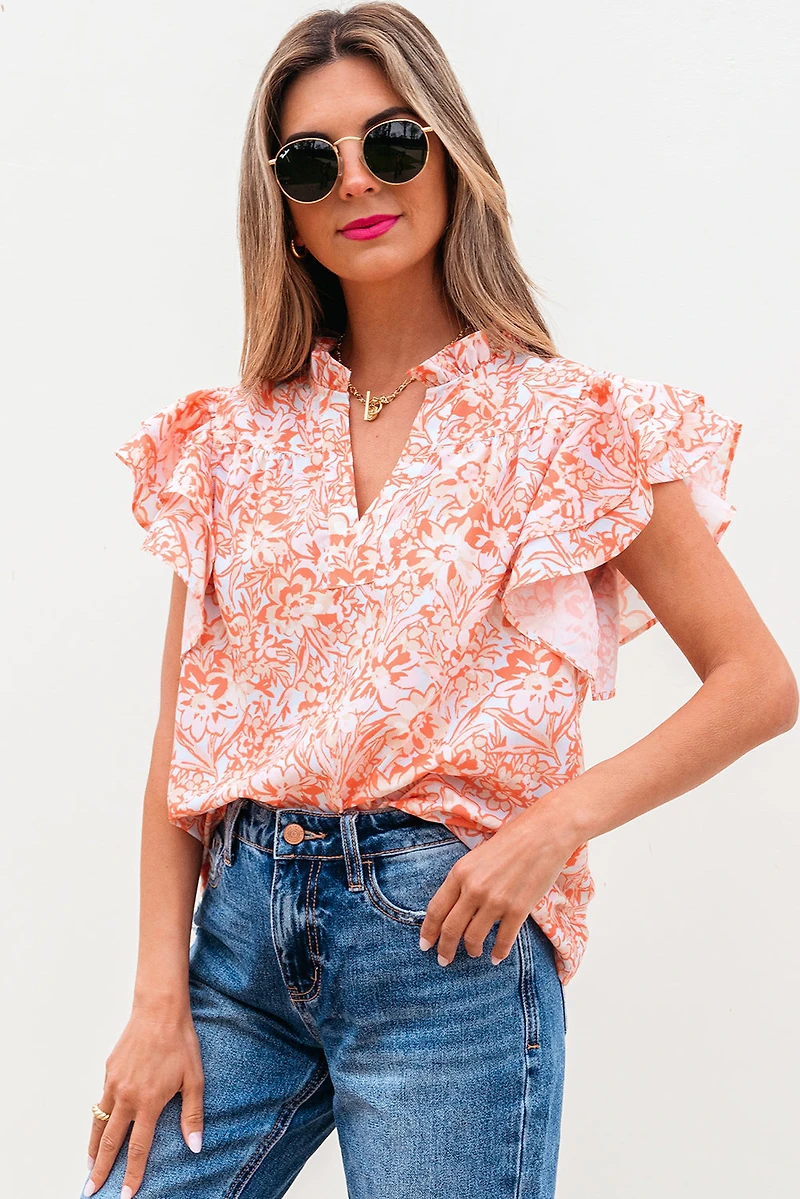 Threaded Pear Women's Nancy Floral Ruffle Sleeve Split Neck Blouse