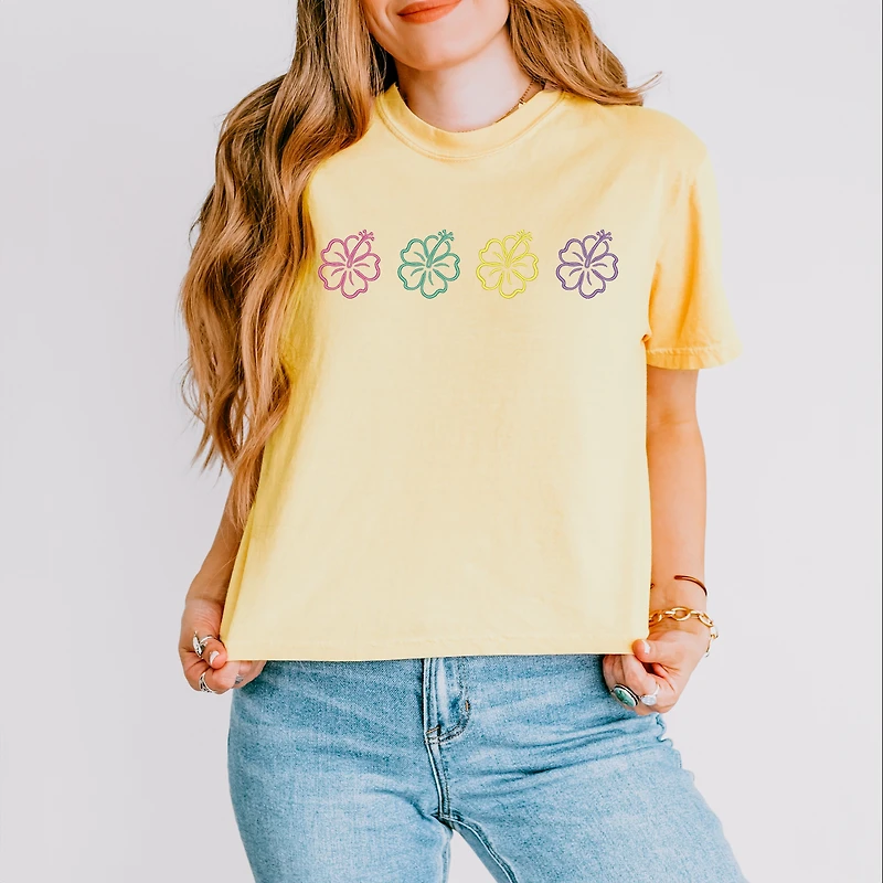 Simply Sage Market Womens Boxy Crop Top - Embroidered Hibiscus Floral Crew Neck