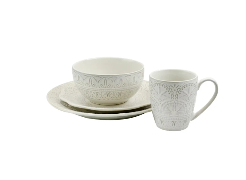 Elama White Lace Unisex 16 Piece Round Scallop Stoneware Dinnerware