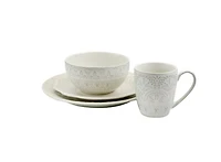 Elama White Lace Unisex 16 Piece Round Scallop Stoneware Dinnerware