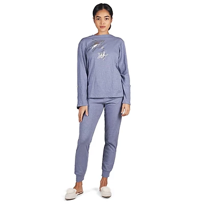 MeMoi Women's 100% Cotton Slub Knit Metallic Star Accent Pajama Set