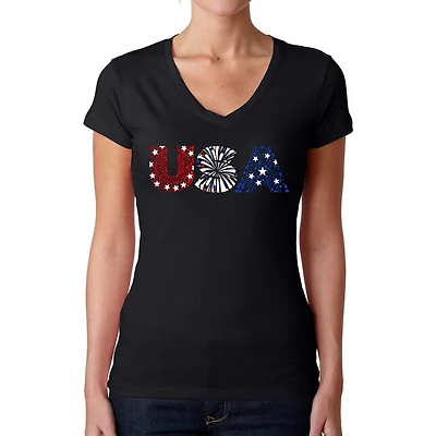 LA Pop Art Womens Word V-Neck T-Shirt - Usa Fireworks