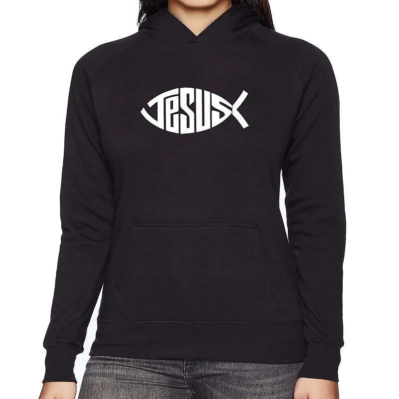 LA Pop Art Christian Jesus Name Fish Symbol - Women's Word Hooded Sweatshirt