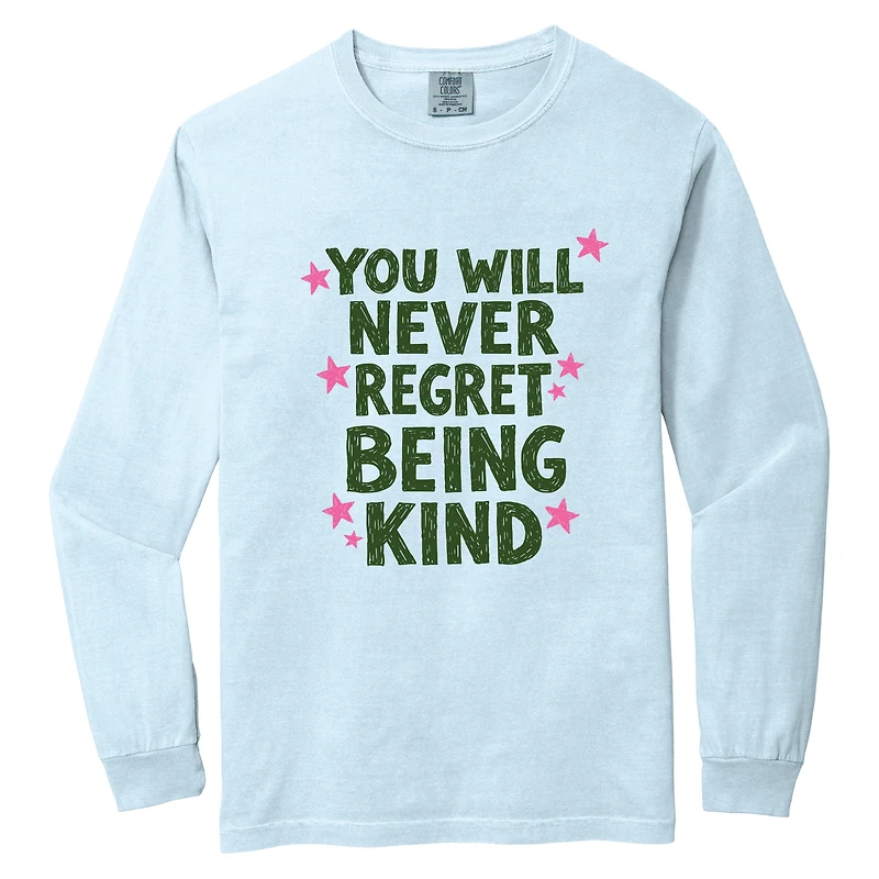 Simply Sage Market - You Will Never Regret Being Kind Green Women's Garment Dyed Long Sleeve Graphic T-Shirt