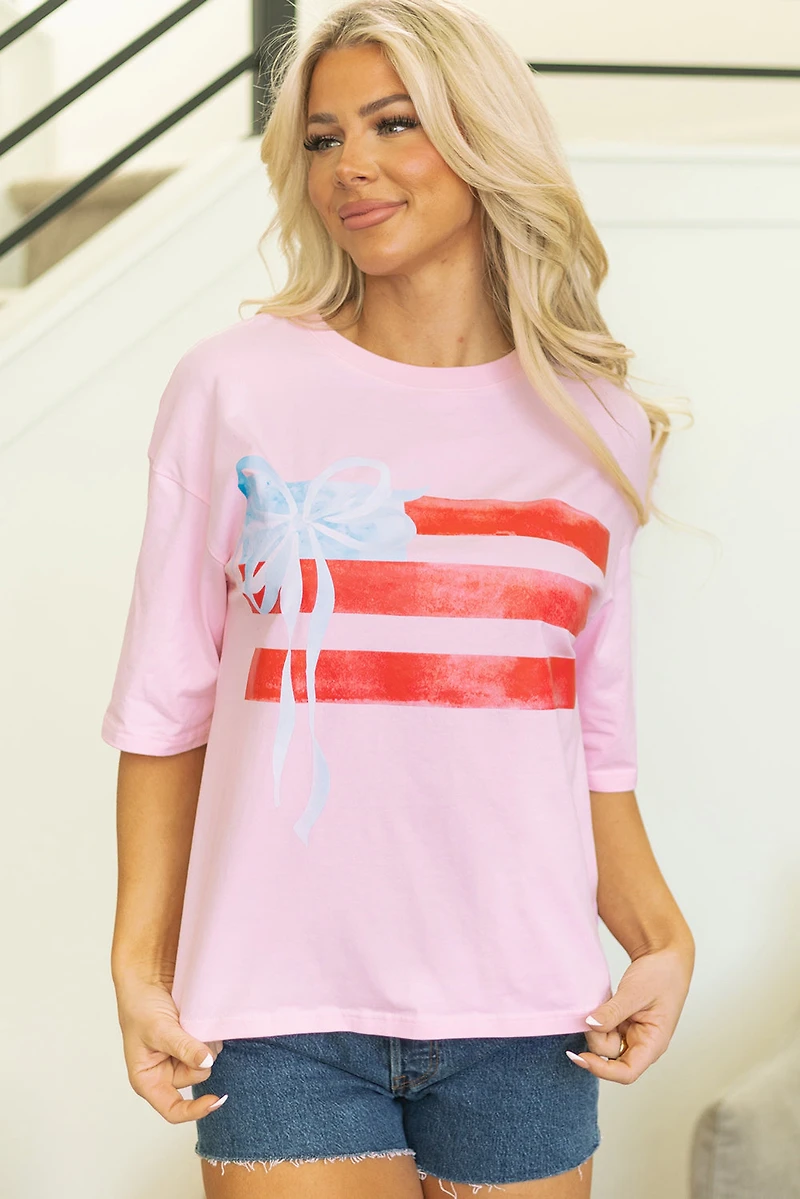 Threaded Pear Women's Pink Bow Flag Tee