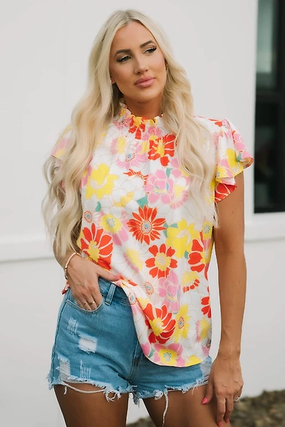 Threaded Pear Women's Judith Multicolor Flutter Sleeves Floral Blouse