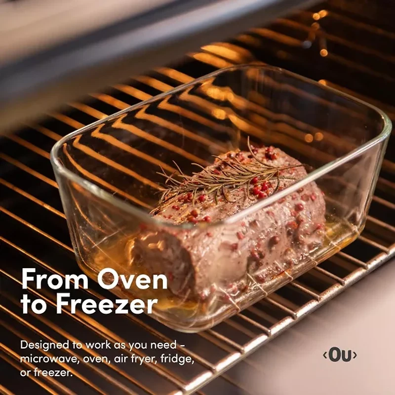OU Glass Food Storage Container Set 4pc, Airtight Leak Proof Lids w/ Microwave Valve, Microwave Freezer Dishwasher Safe