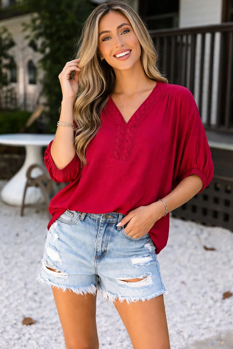 Threaded Pear Women's Willow Trim Half Sleeve Blouse