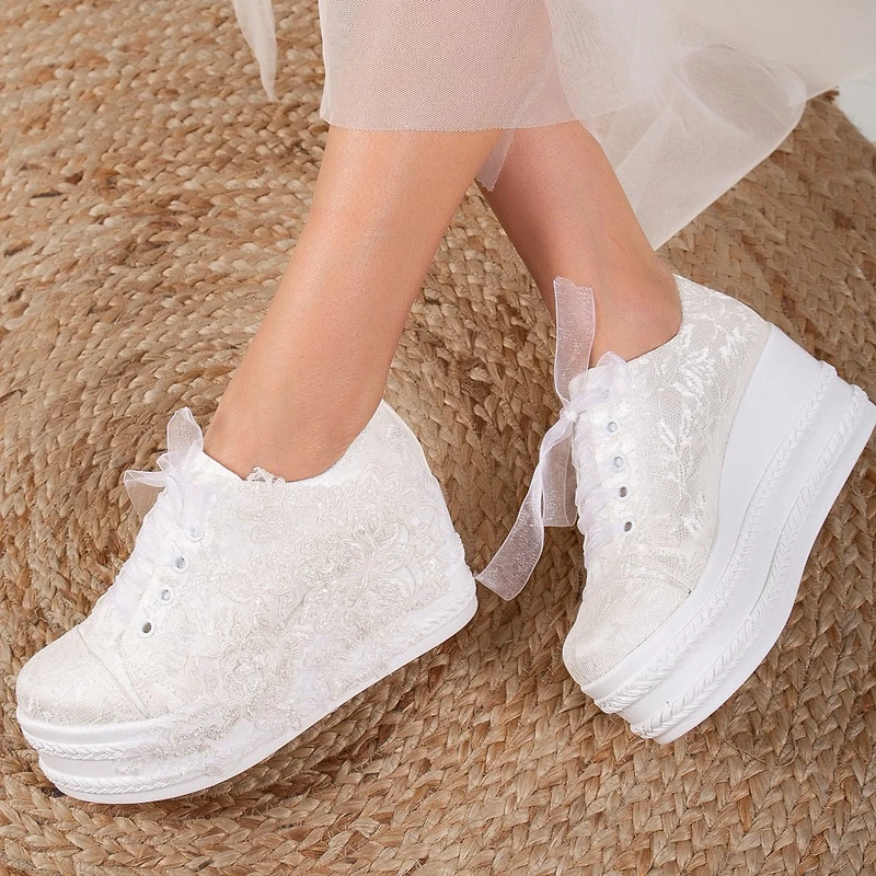 Forever & Always Womens Claudine Lace Bridal Platform Sneakers