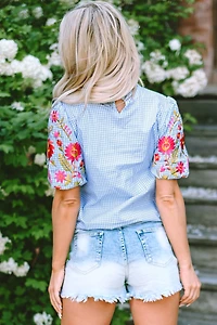 Threaded Pear Women's Pearl Gingham Floral Embroidered Puff Sleeve Blouse