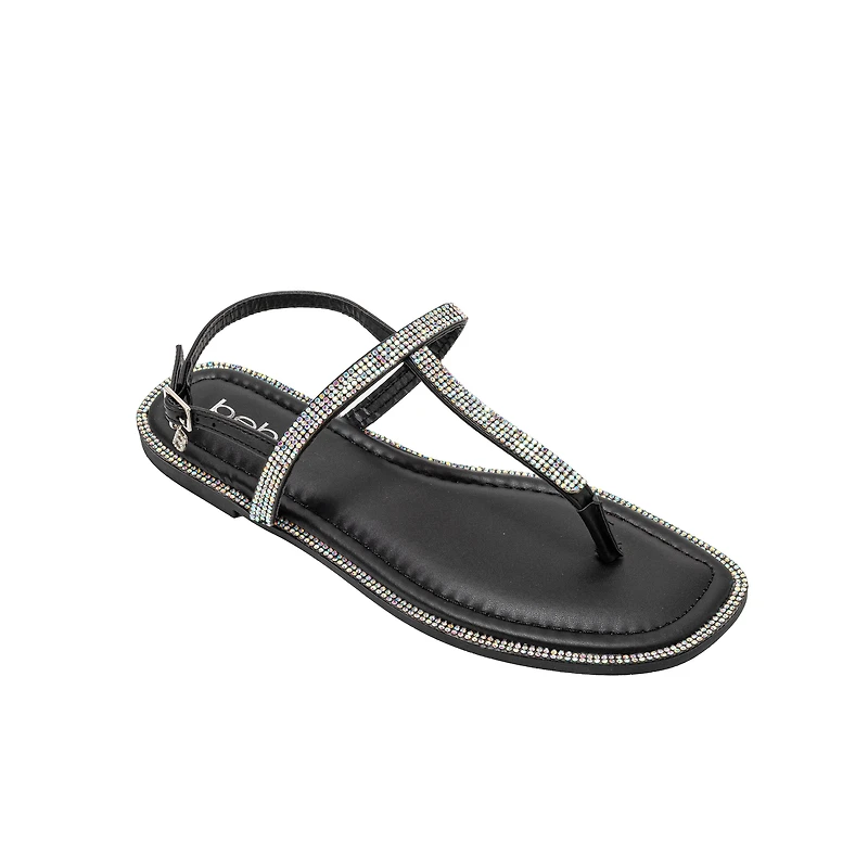 bebe Women’s Rhinestone T-Strap Sandals - Flat Thong with Ankle Strap