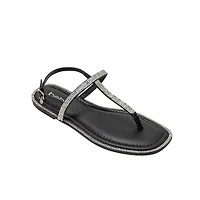 bebe Women’s Rhinestone T-Strap Sandals - Flat Thong with Ankle Strap