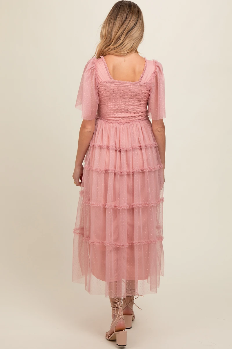PinkBlush Womens Pink Ruffled Mesh Maternity Maxi Dress