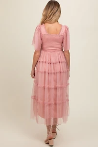 PinkBlush Womens Pink Ruffled Mesh Maternity Maxi Dress