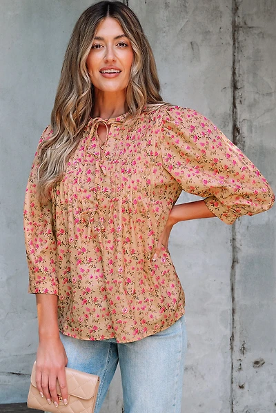 Threaded Pear Women's Sadie Floral Bow Pin-tuck Bust Half Puff Sleeve Blouse