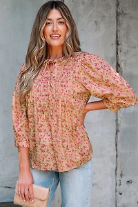 Threaded Pear Women's Sadie Floral Bow Pin-tuck Bust Half Puff Sleeve Blouse