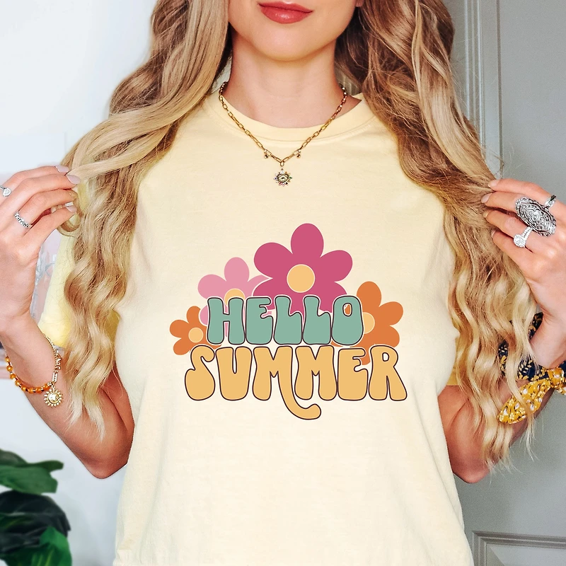 Simply Sage Market - Hello Summer Flowers Women's Boxy Crop Top Graphic T-Shirt