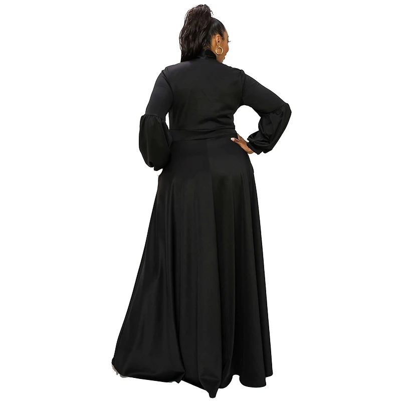L I V D Women's Plus Bella Donna Dress with Ribbon and Bishop Sleeves