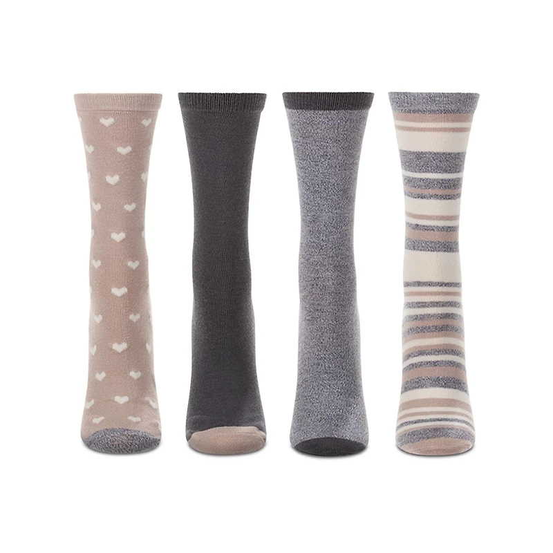 MeMoi 4 Pair Women's Buttersoft Crew Socks - Pindot Hearts, Stripes, Solids