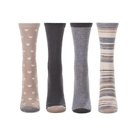 MeMoi 4 Pair Women's Buttersoft Crew Socks - Pindot Hearts, Stripes, Solids