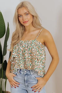 Threaded Pear Women's Kaiya Floral Spaghetti Strap Ruffle Summer Tank Top