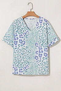 Threaded Pear Women's Marleigh Leopard Print V Neck Short Sleeve Blouse